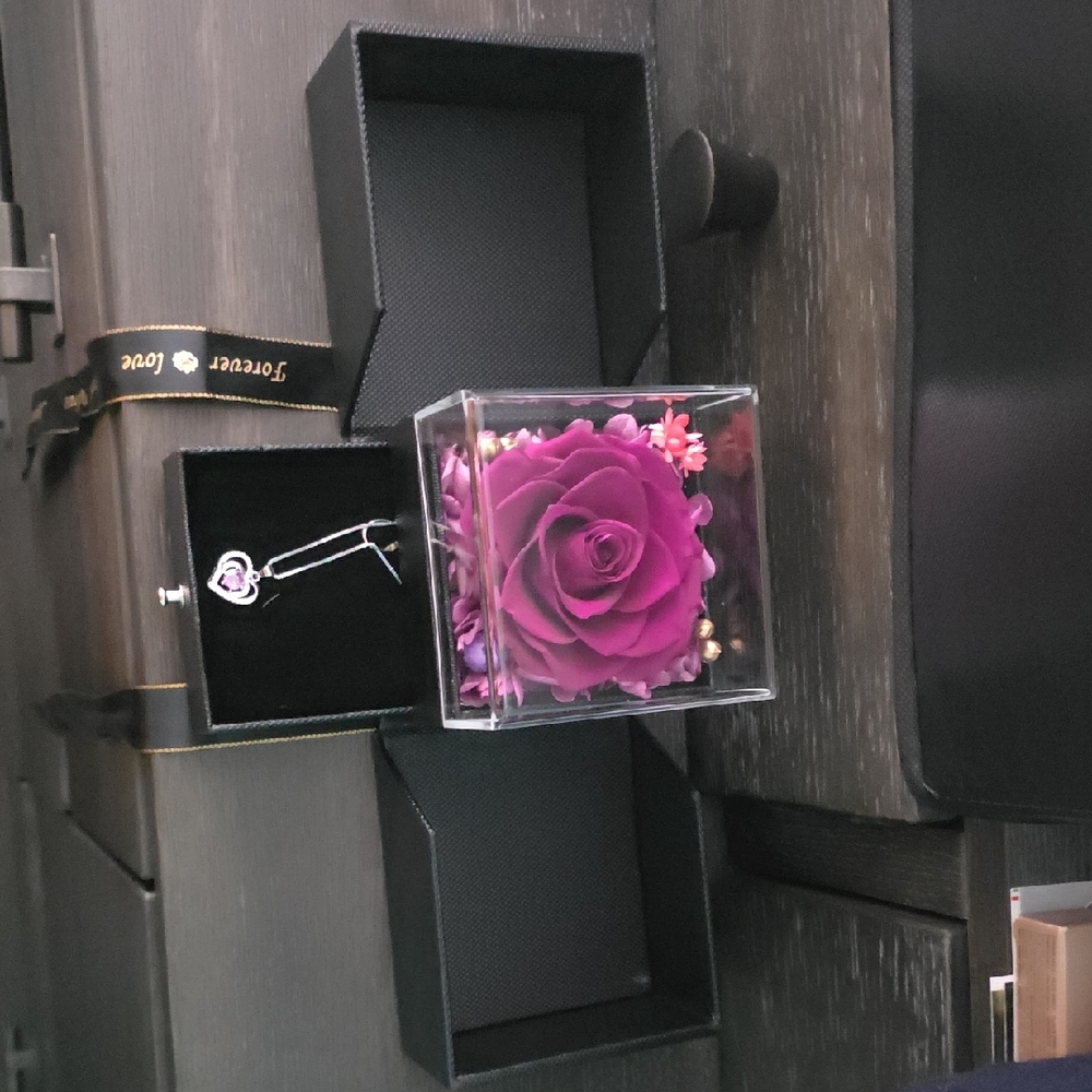 Purple Rose in Clear Box with Heart Pendant